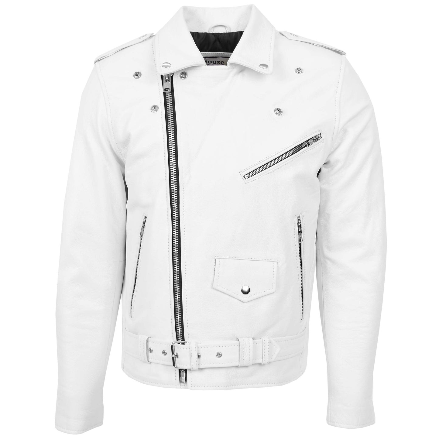 Mens Heavy Duty Leather Biker Brando Jacket Kyle White 3