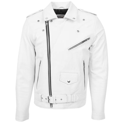 Mens Heavy Duty Leather Biker Brando Jacket Kyle White 3