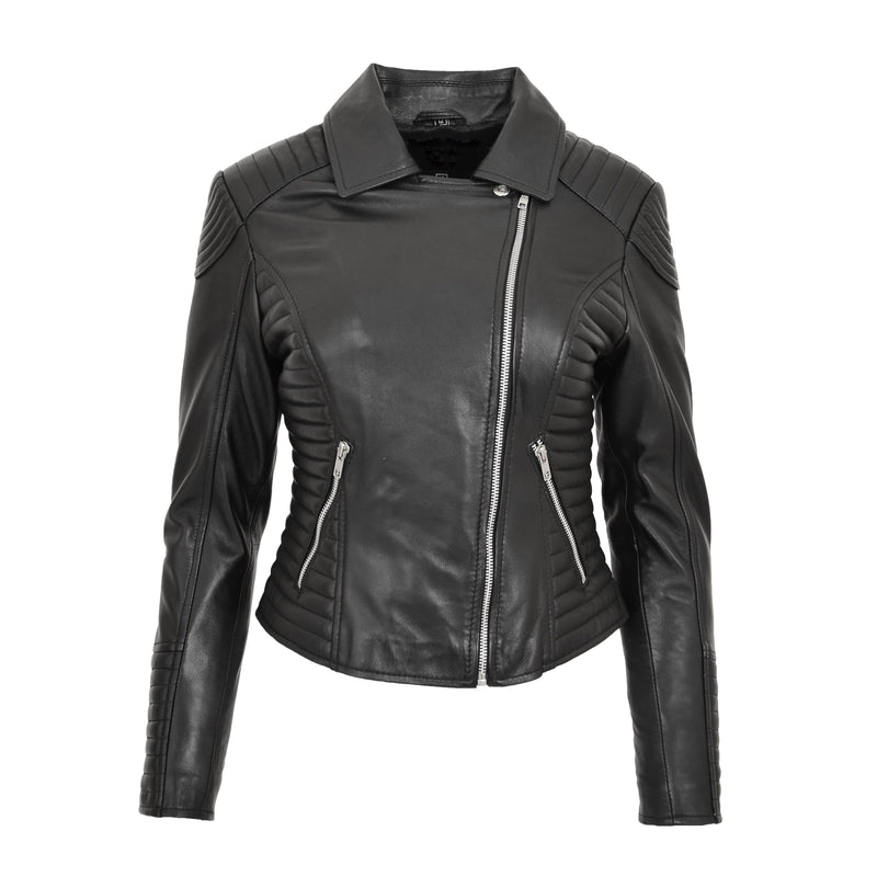 Womens Soft Leather Cross Zip Biker Jacket Anna Black 2