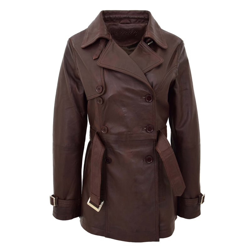 Womens Leather Double Breasted Trench Coat Sienna Brown 3