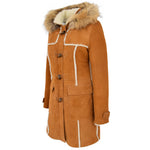 Womens Sheepskin Duffle Coat 3/4 Length Parka Beth Tan White 4