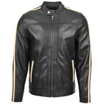Mens Leather Biker Jacket with Racing Stripes Clyde Black 2