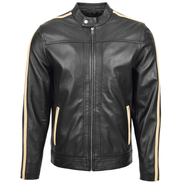 Mens Leather Biker Jacket with Racing Stripes Clyde Black | House of ...