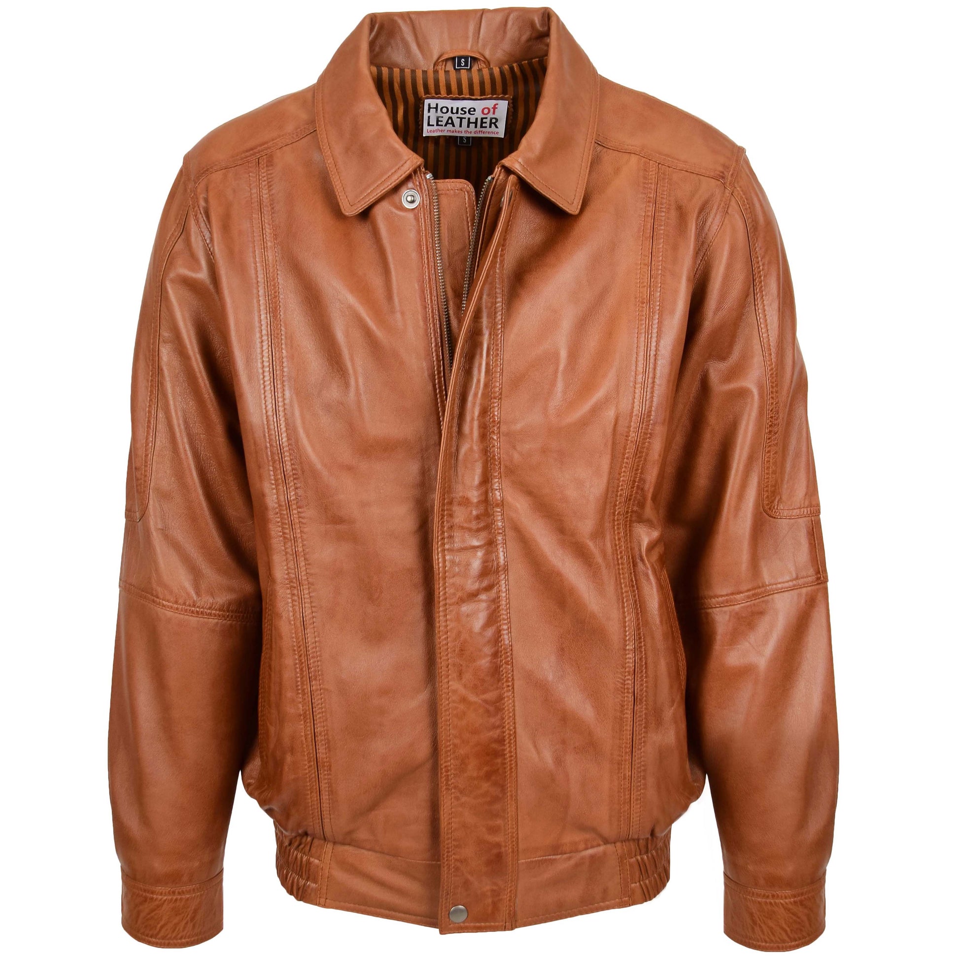 Mens Bomber Leather Jacket Classic Style Jim Tan 2