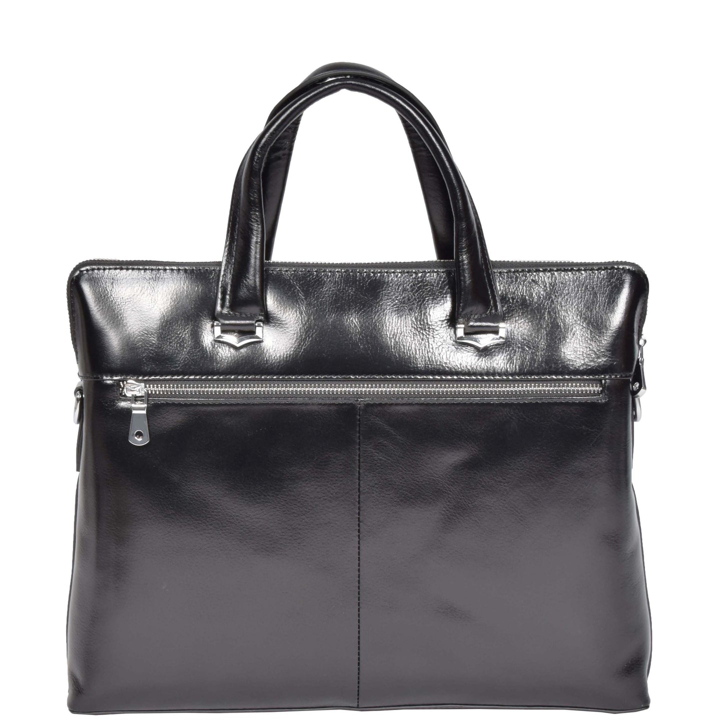 black leather bag with a back zip pocket