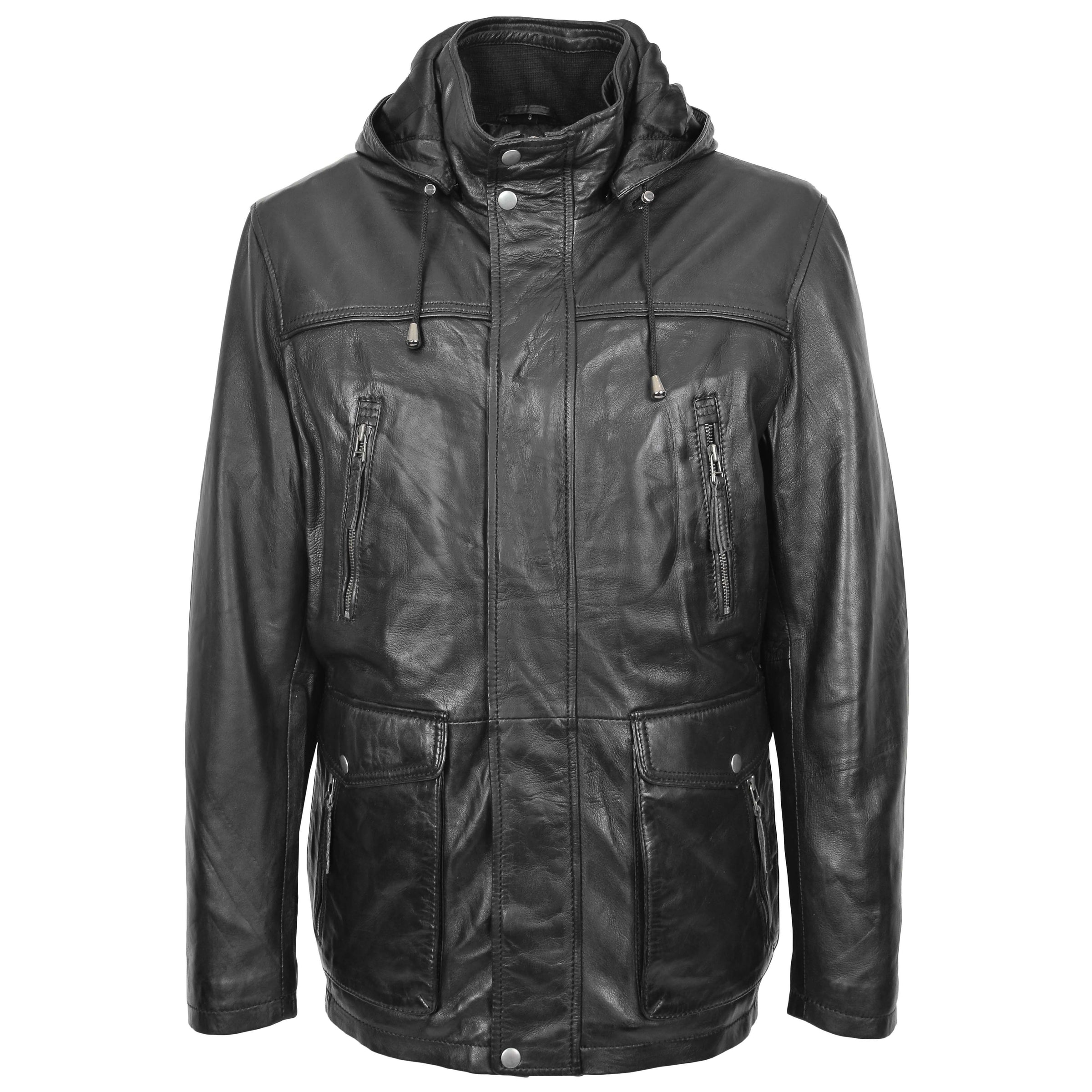 Mens Leather Parka Detachable Hoodie Black | House of Leather
