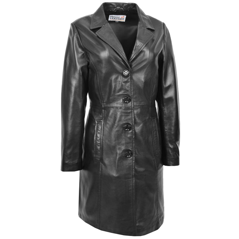 Womens Real Leather Mac Coat 3/4 Length Classic Style Riley Black 2