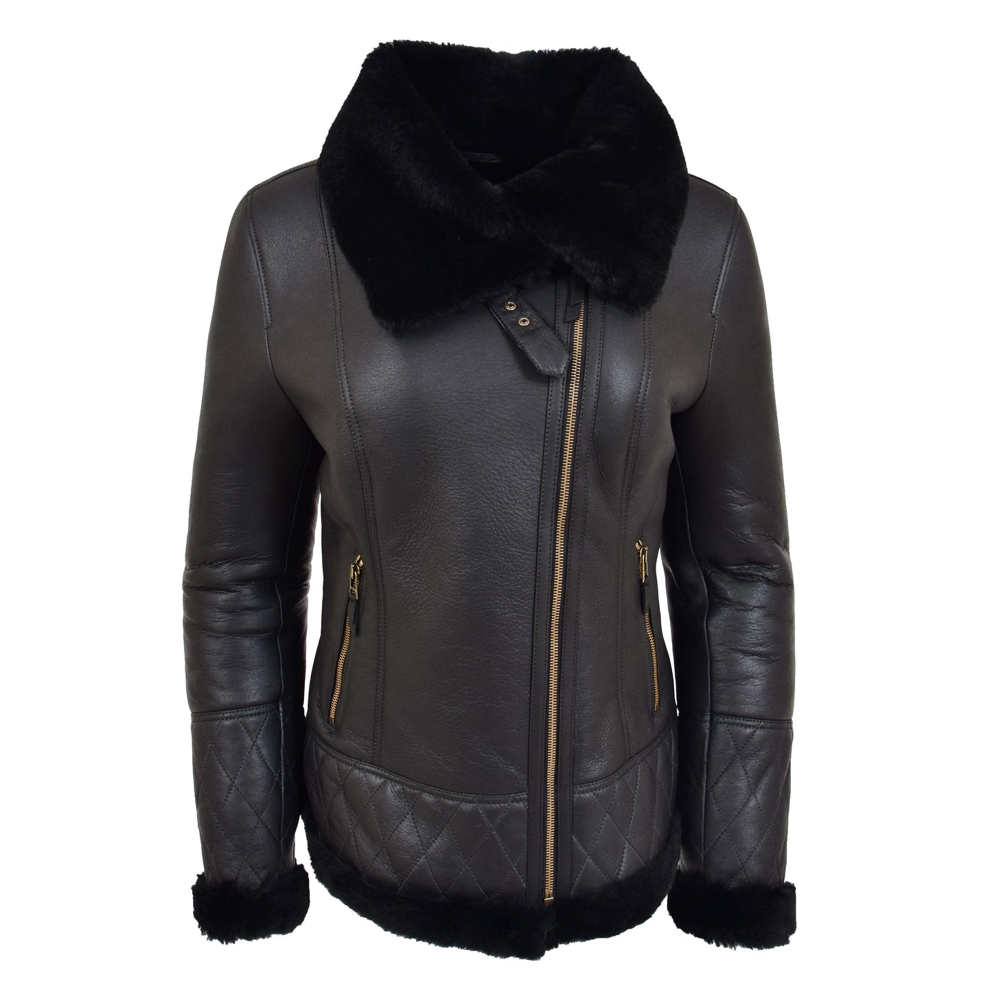 Womens Merino Sheepskin Aviator Jacket Isabelle Black zip fasten