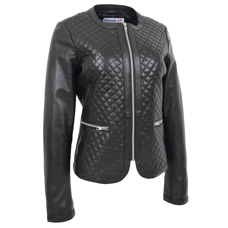 Womens Leather Collarless Jacket with Quilt Design Joan Black 2