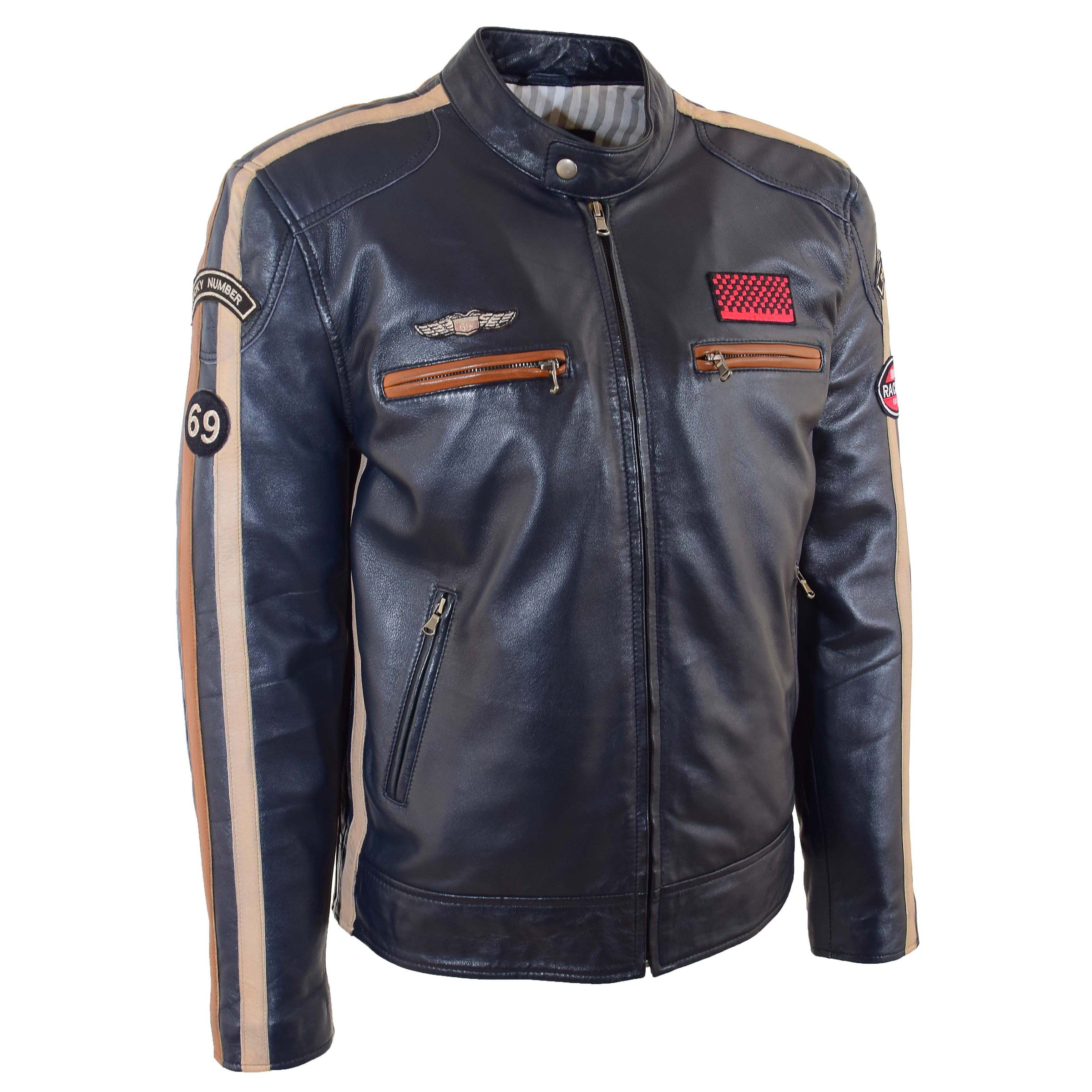 Mens Real Leather Biker Jacket Cafe Racer Style Badges TRON Navy ...