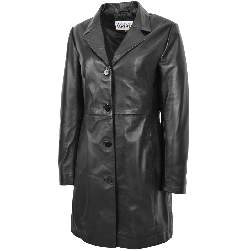 Womens Real Leather Mac Coat 3/4 Length Classic Style F99 Black 3