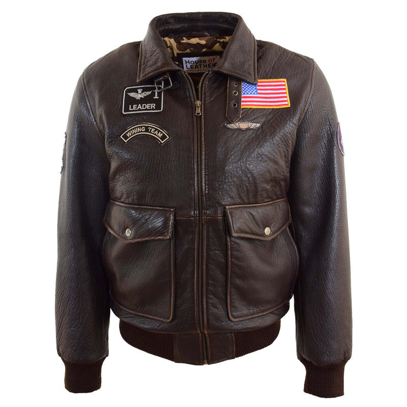 Mens Real Leather G-1 Bomber Jacket Airforce Badges FINCH Brown 4