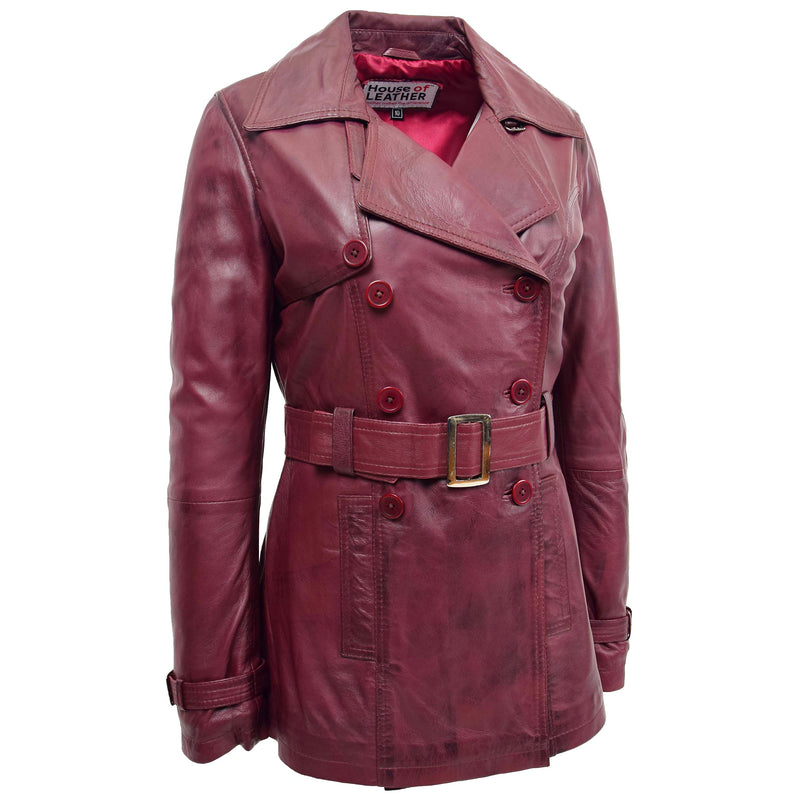 Womens Leather Double Breasted Trench Coat Sienna Burgundy 3