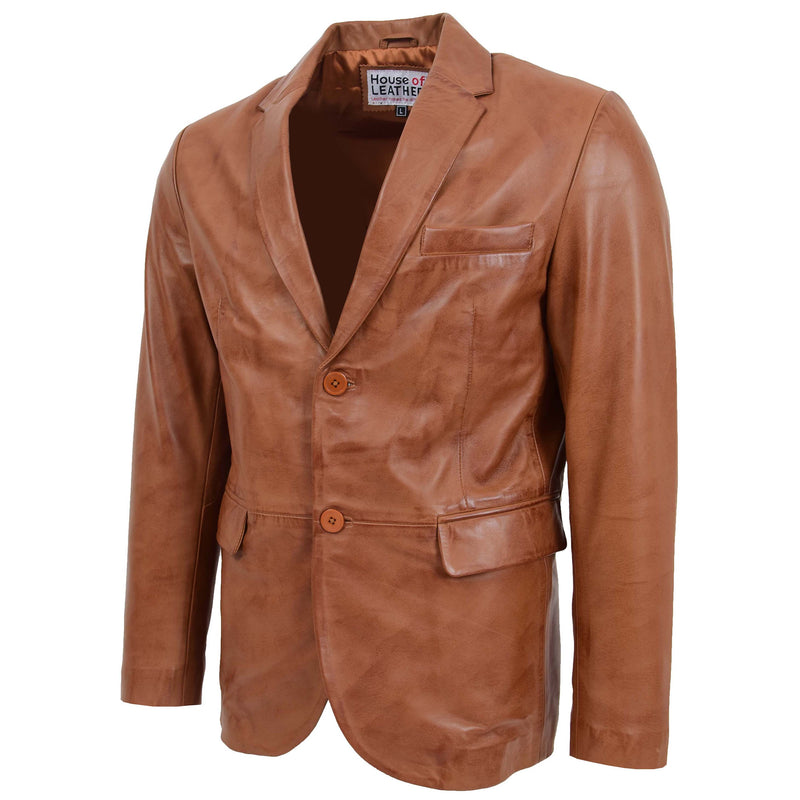 Mens Leather Blazer Two Button Jacket Zavi Tan 3