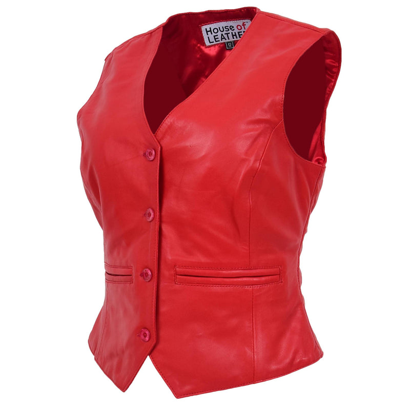 Womens Leather Classic Buttoned Waistcoat Rita Red 3
