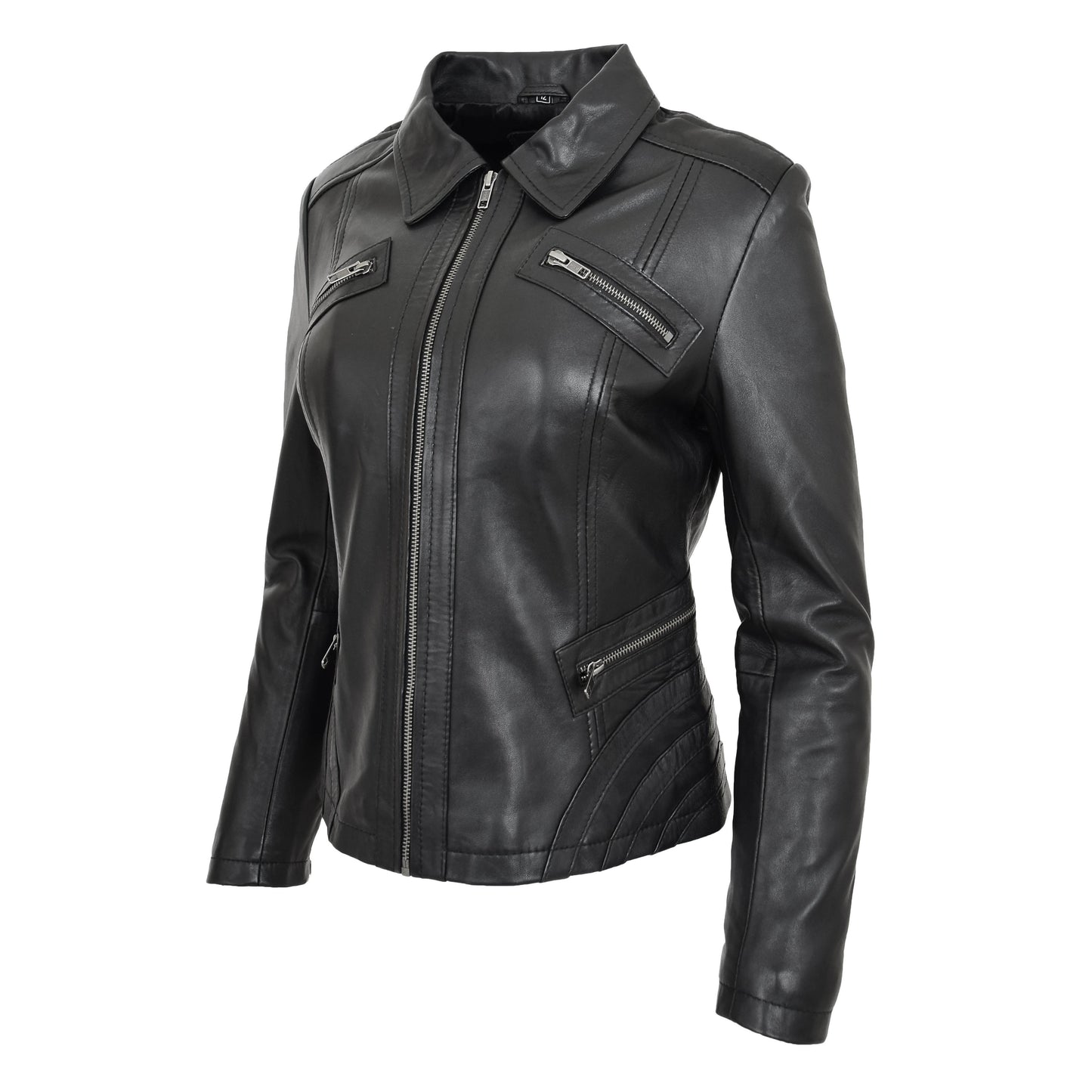 Womens Classic Leather Biker Zip Box Jacket Nova Black 3