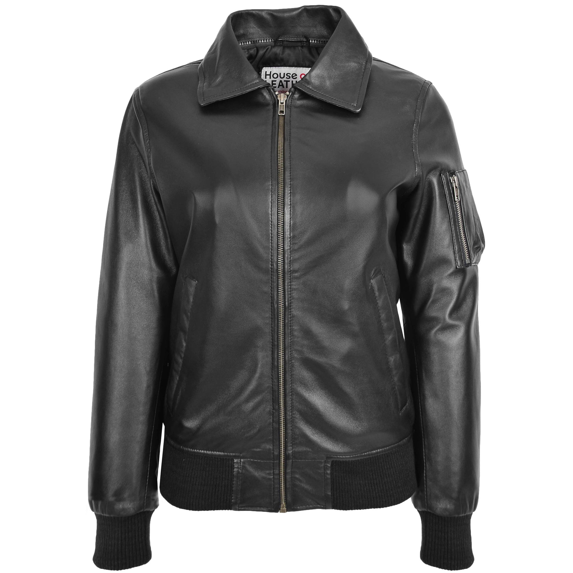 Womens Leather Bomber Jacket Removable Collar Thea Black 2