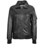 Womens Leather Bomber Jacket Removable Collar Thea Black 2
