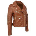 Womens Real Leather Biker Cross Zip Fashion Jacket Remi Tan 3