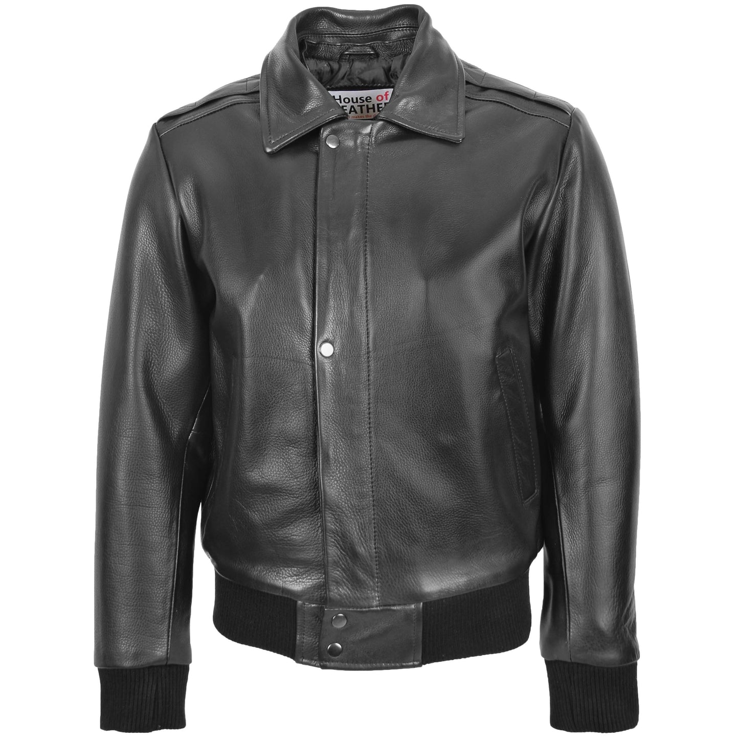 Mens Leather Bomber Pilot Jacket Removable Collar Leroy Black 3