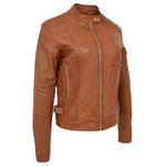 Womens Soft Leather Casual Zip Biker Jacket Ruby Tan 3