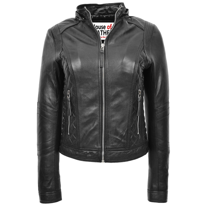 Womens Detachable Hoodie Biker Leather Jacket Lily Black 2