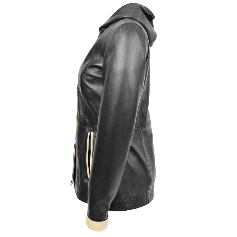 Womens Hooded Leather Button Jacket Carolina Black Beige 3