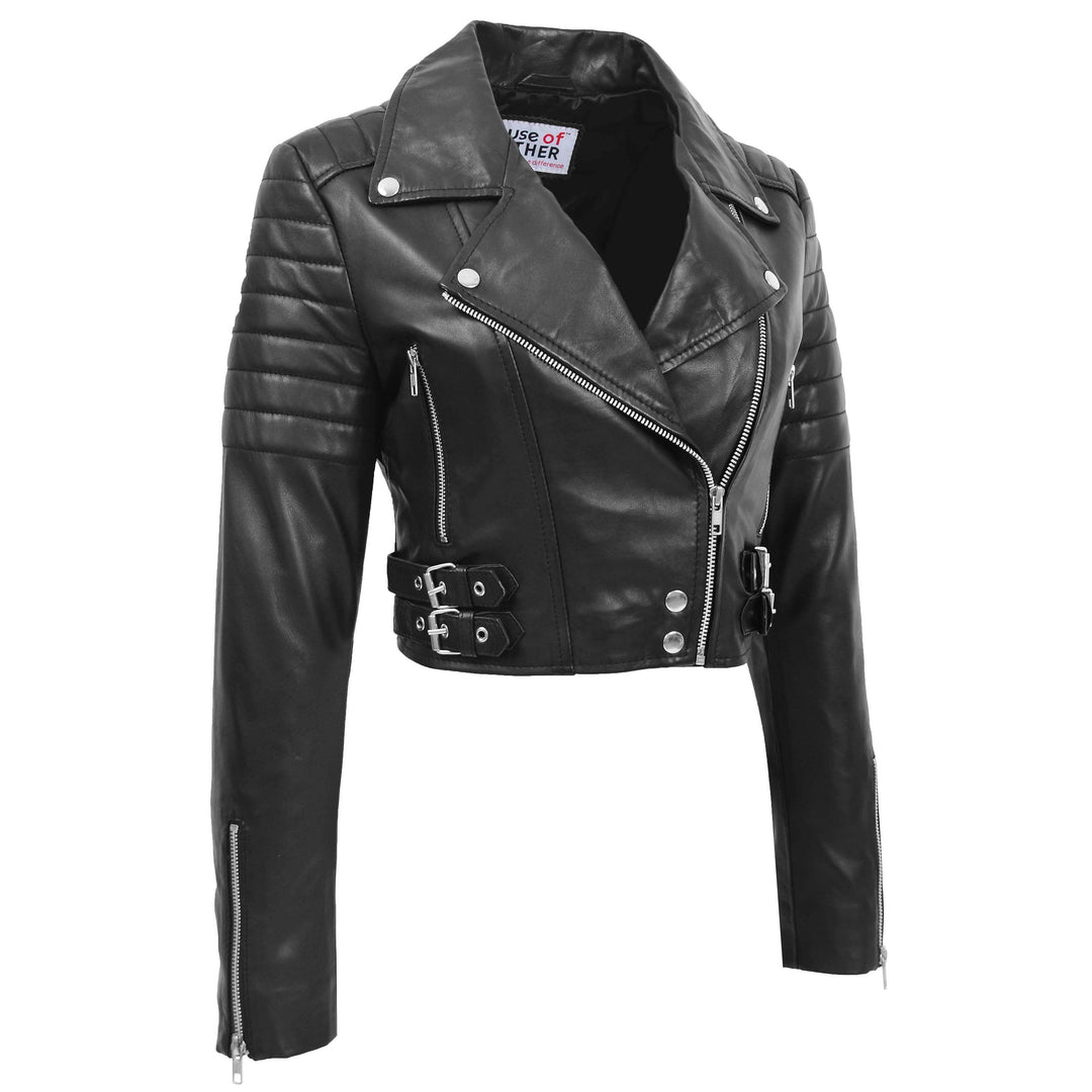 Ladies Cropped Length Biker Style Jacket Black House of Leather