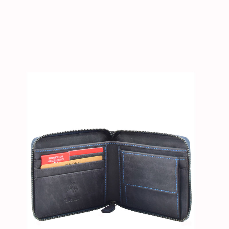 Mens Real Leather Hunter Zip Oiled Leather Wallet RFID HOL2207 Blue 4
