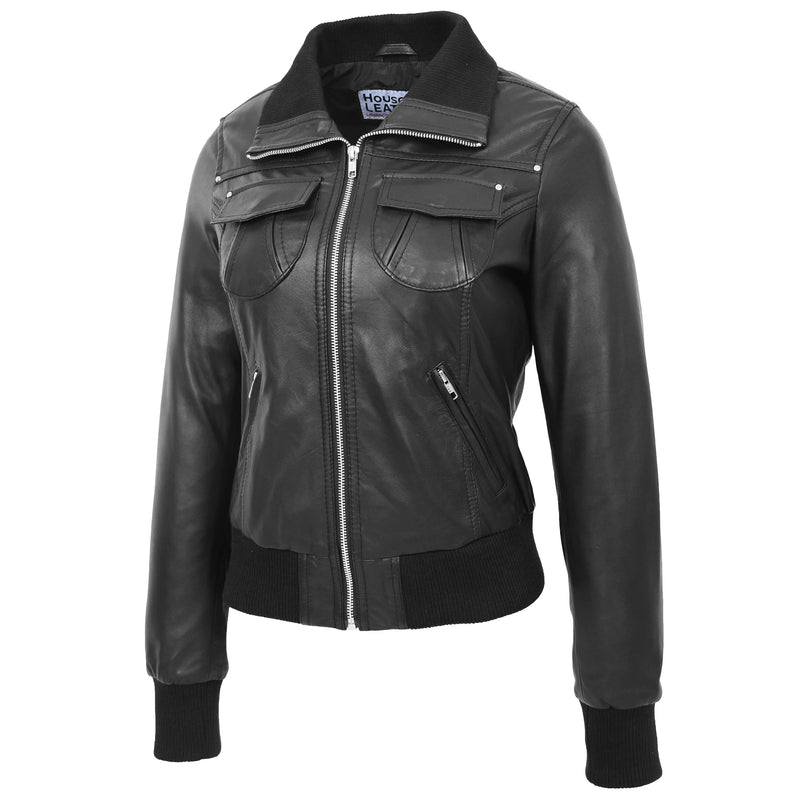 Womens Leather Classic Bomber Jacket Motto Black 3