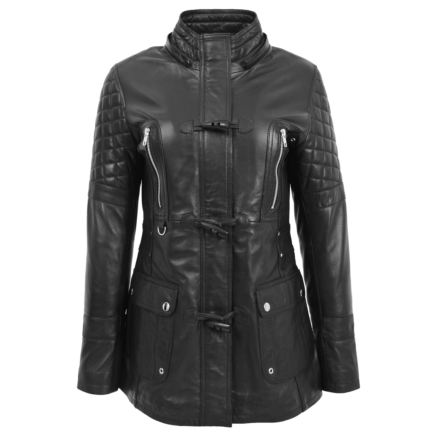 Womens Original Duffle Style Leather Coat Ariel Black 2