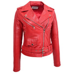 Womens Real Leather Biker Brando Style Jacket Mia Red 2