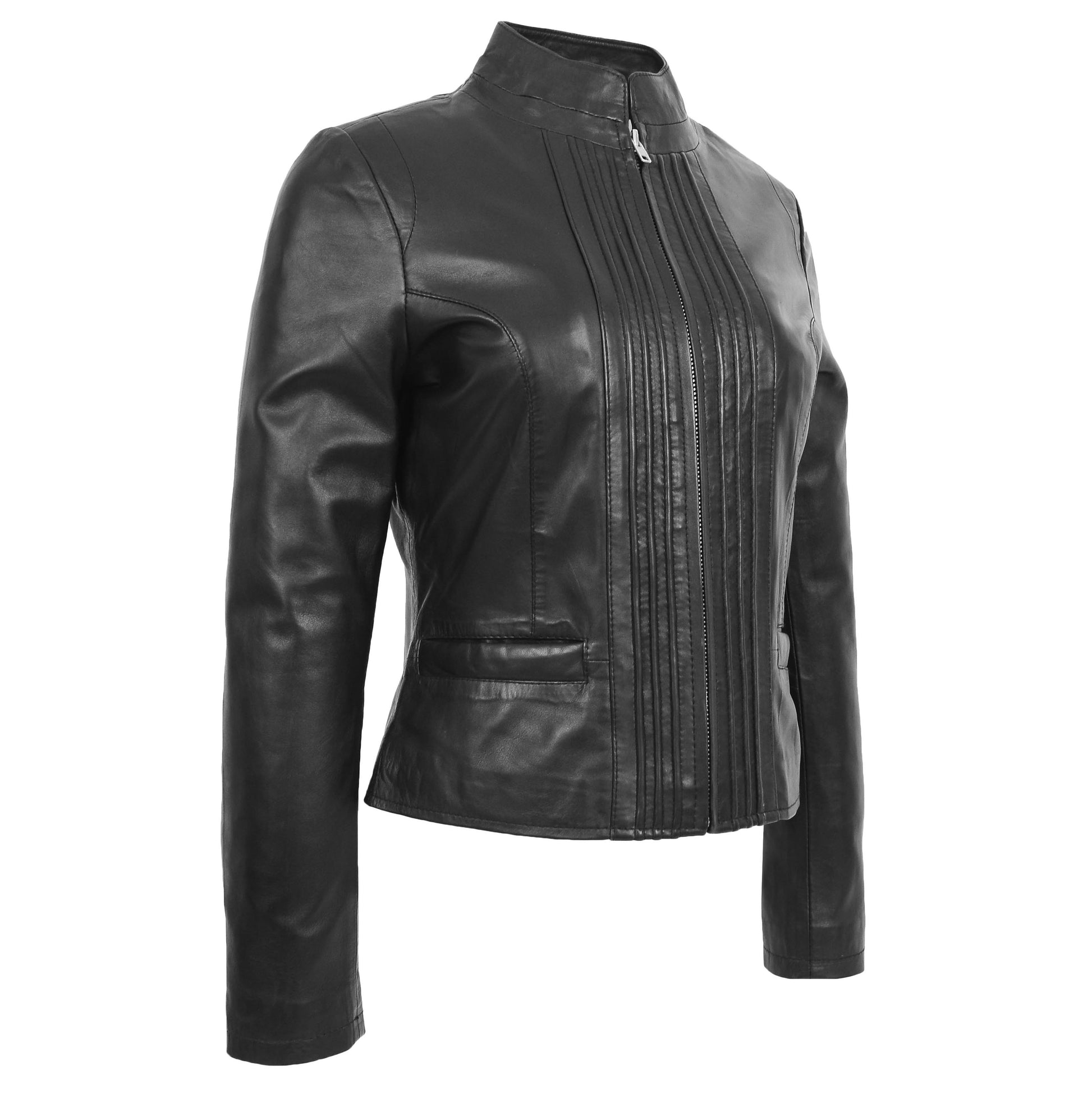 Womens Leather Casual Standing Collar Jacket Ivy Black 2