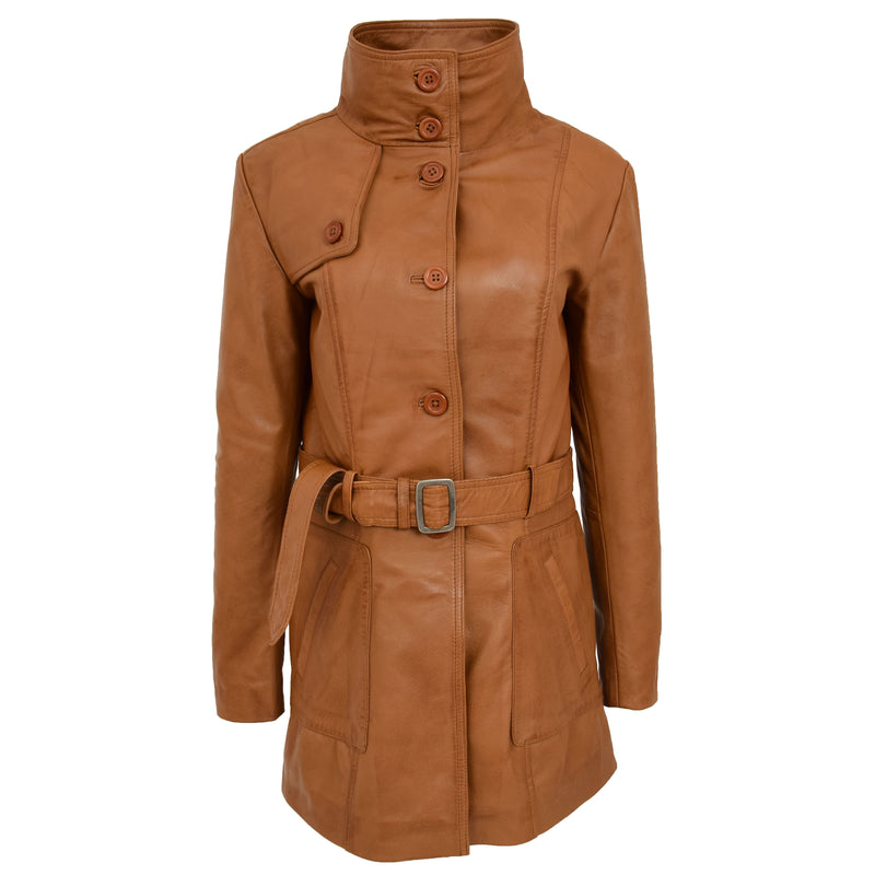 Womens Leather Trench Coat with Belt Shania Tan 2