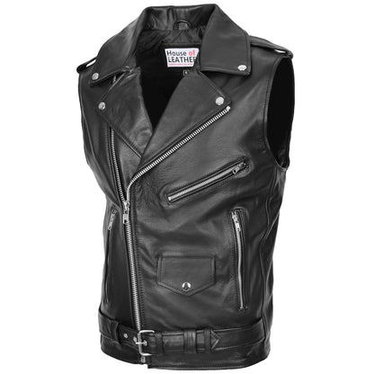 Mens Leather Cross Zip Biker Brando Gilet Jones Black 3