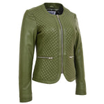 Womens Leather Collarless Jacket with Quilt Design Joan Olive Green 2