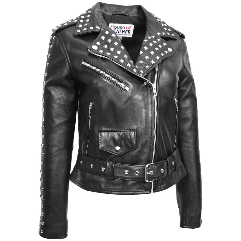 Womens Real Leather Biker Jacket Studded Brando Jacket Heidi Black 3