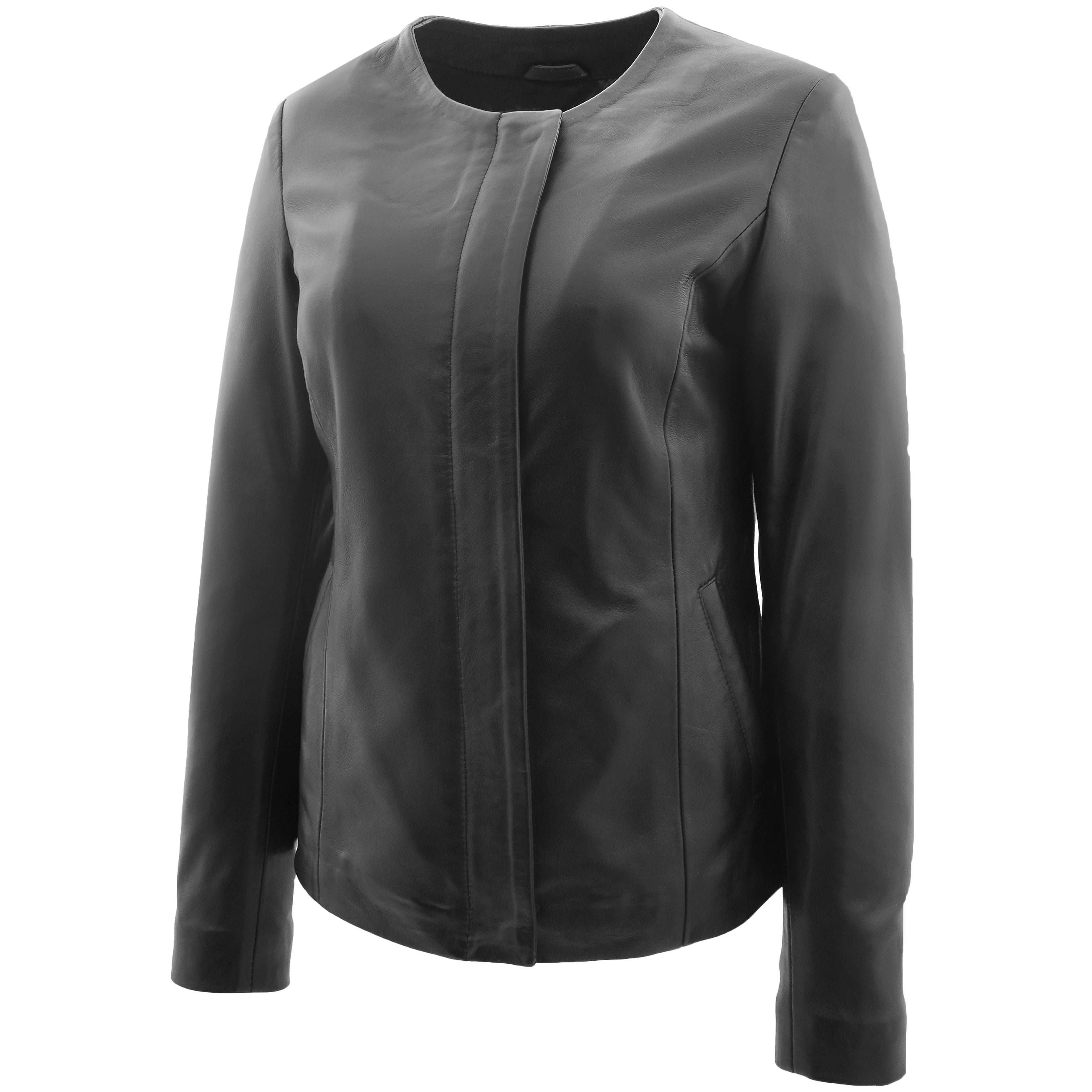 Ladies black collarless leather jacket best sale