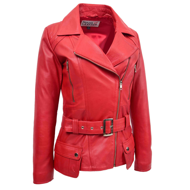 Womens Leather Hip Length Biker Jacket Celia Red 4