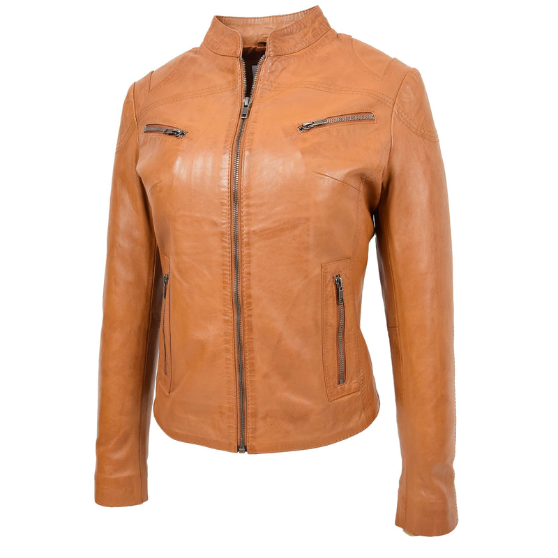 Womens Leather Standing Collar Jacket Becky Tan 3