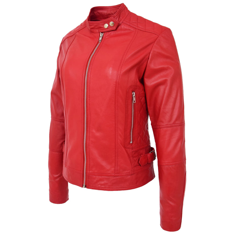 Womens Soft Leather Casual Zip Biker Jacket Ruby Red 3
