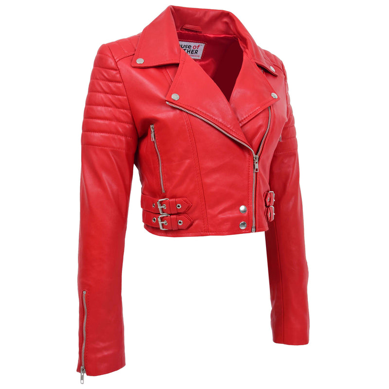 Womens Leather Cropped Biker Style Jacket Demi Red 3