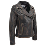 Womens Soft Leather Cross Zip Biker Jacket Lola Vintage Black 2