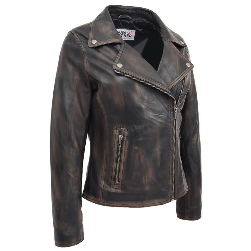 Womens Soft Leather Cross Zip Biker Jacket Lola Vintage Black 2