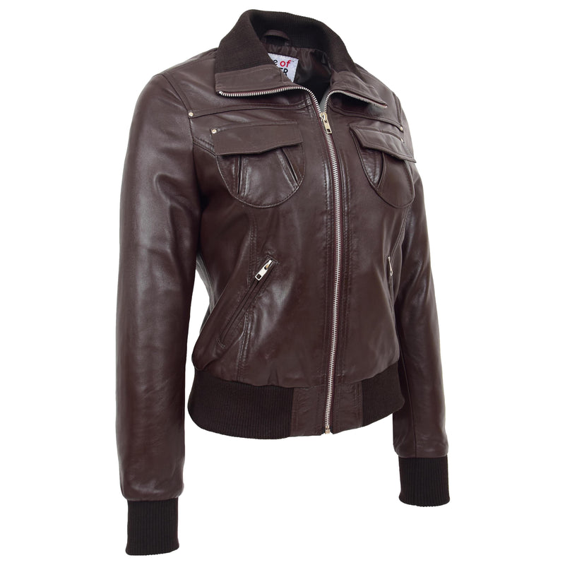 Womens Leather Classic Bomber Jacket Motto Brown 3