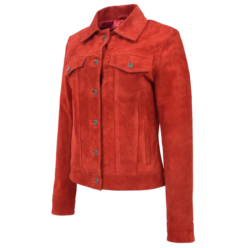 Womens Soft Suede Trucker Style Jacket Alma Red 3