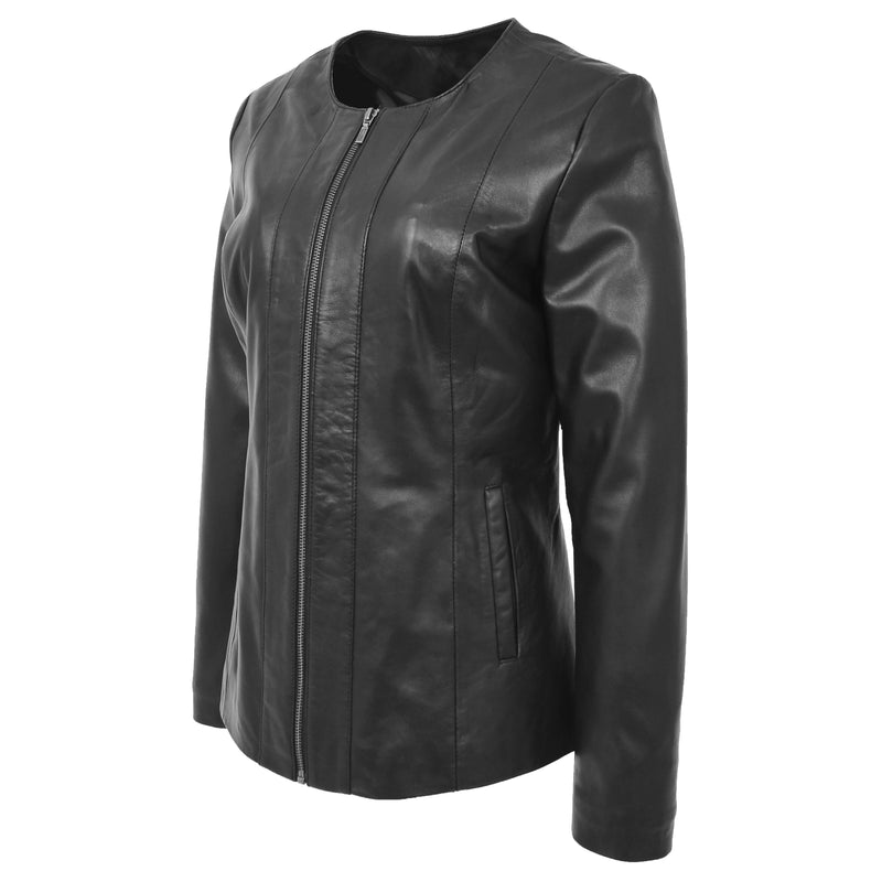 Womens Classic Soft Leather Collarless Jacket Jade Black 3