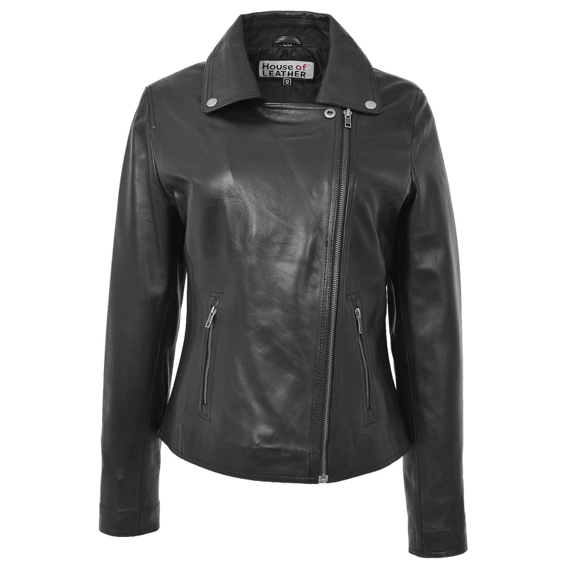 Womens Soft Leather Cross Zip Biker Jacket Lola Black 2