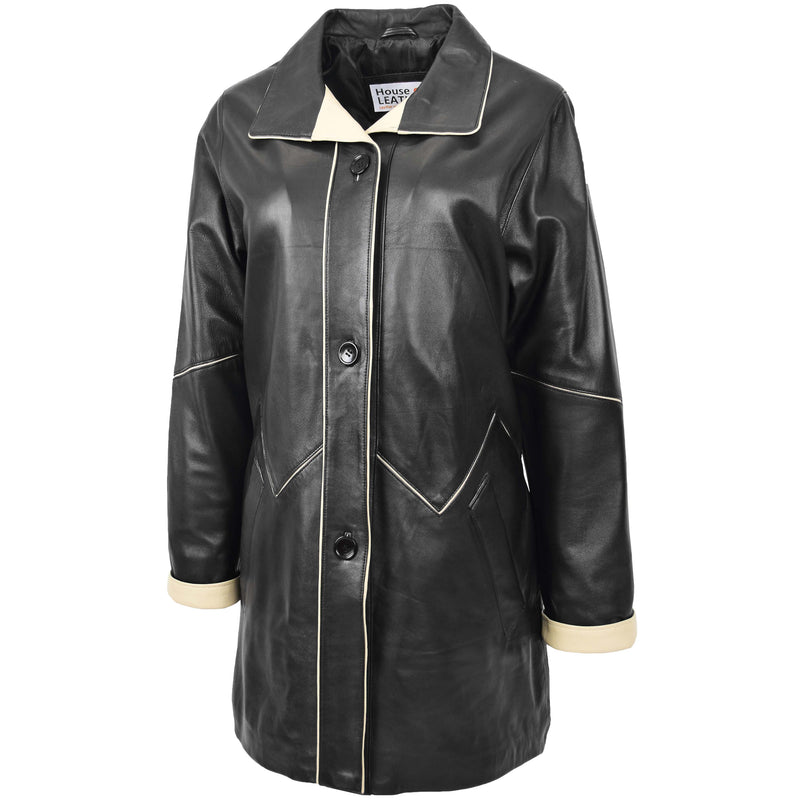 Womens Leather Coat 3/4 Length Classic Style Margaret Black Beige 3
