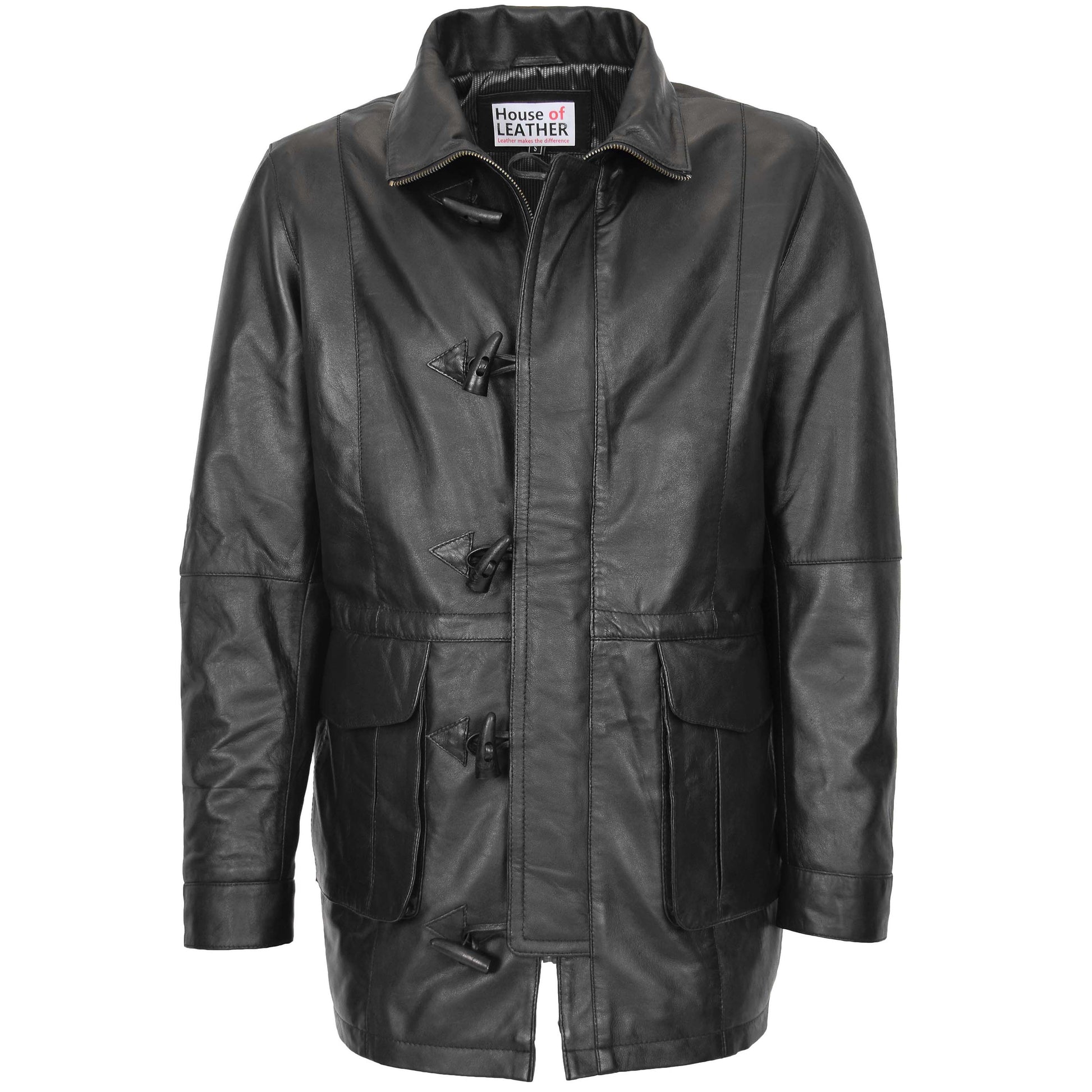 Mens Leather Duffle Coat with Hoodie Jack Black 2